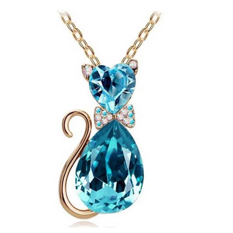 Heart Crystal Cat Pendant Necklace (various colors)