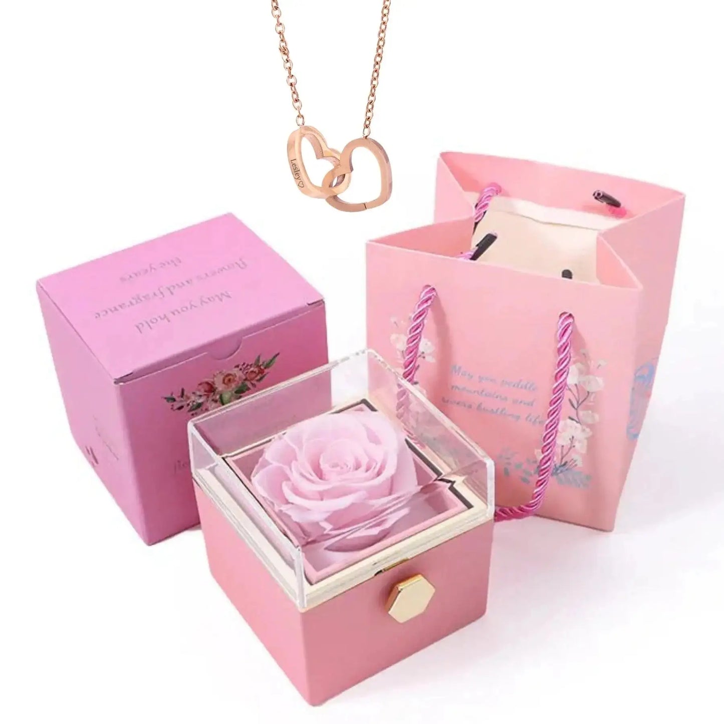 Double Heart Necklace in Rose Flower Box, 9 Models