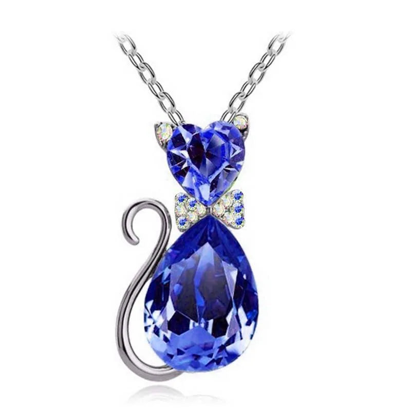 Heart Crystal Cat Pendant Necklace (various colors)