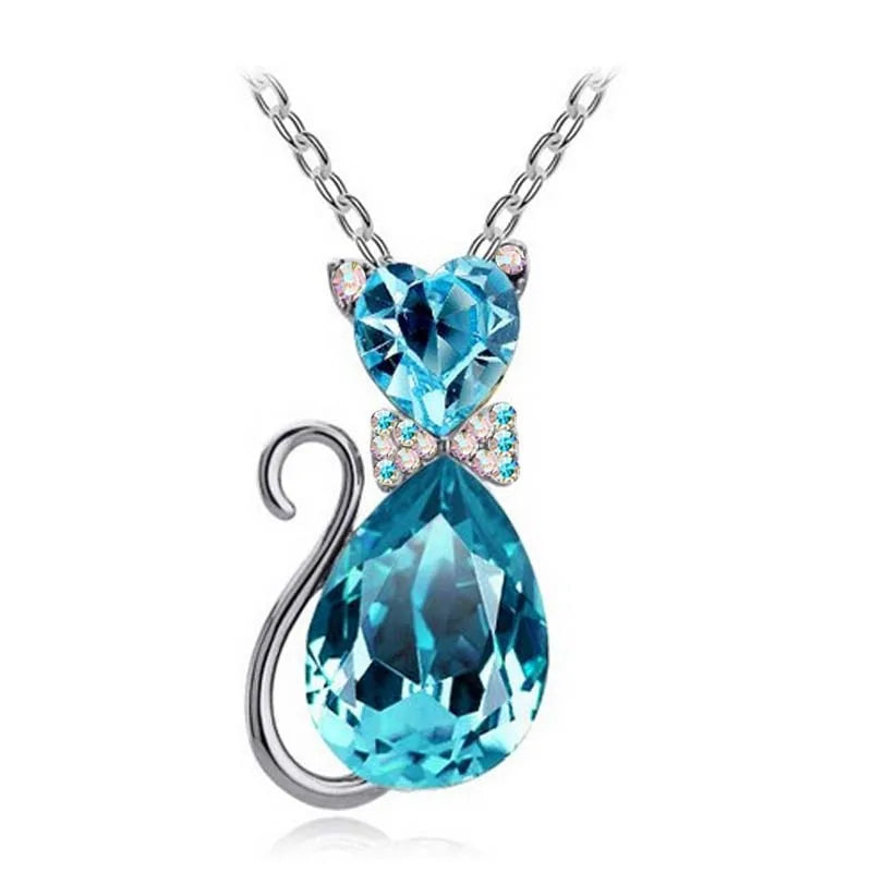 Heart Crystal Cat Pendant Necklace (various colors)