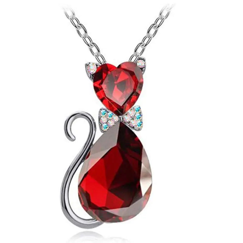 Heart Crystal Cat Pendant Necklace (various colors)