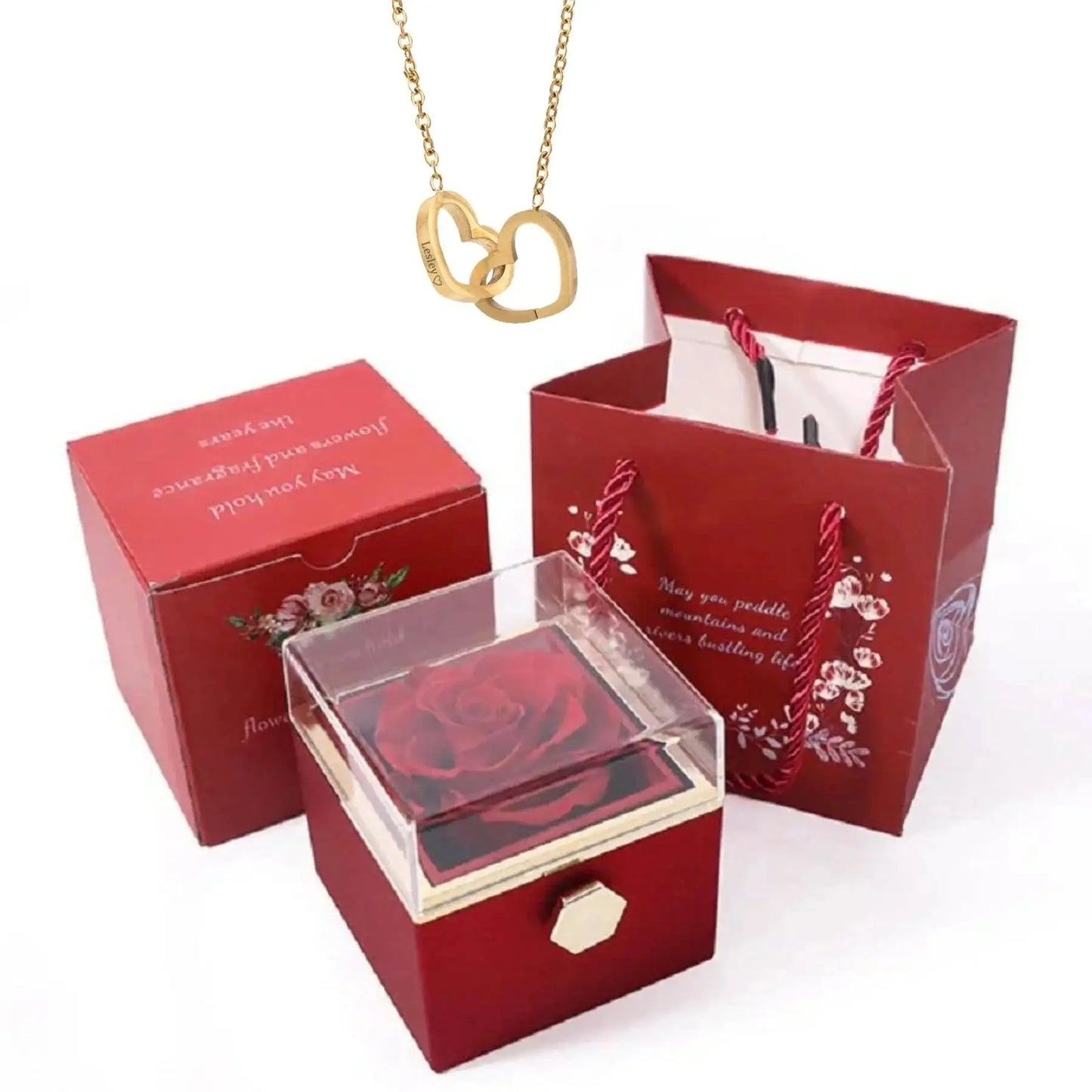 Double Heart Necklace in Rose Flower Box, 9 Models