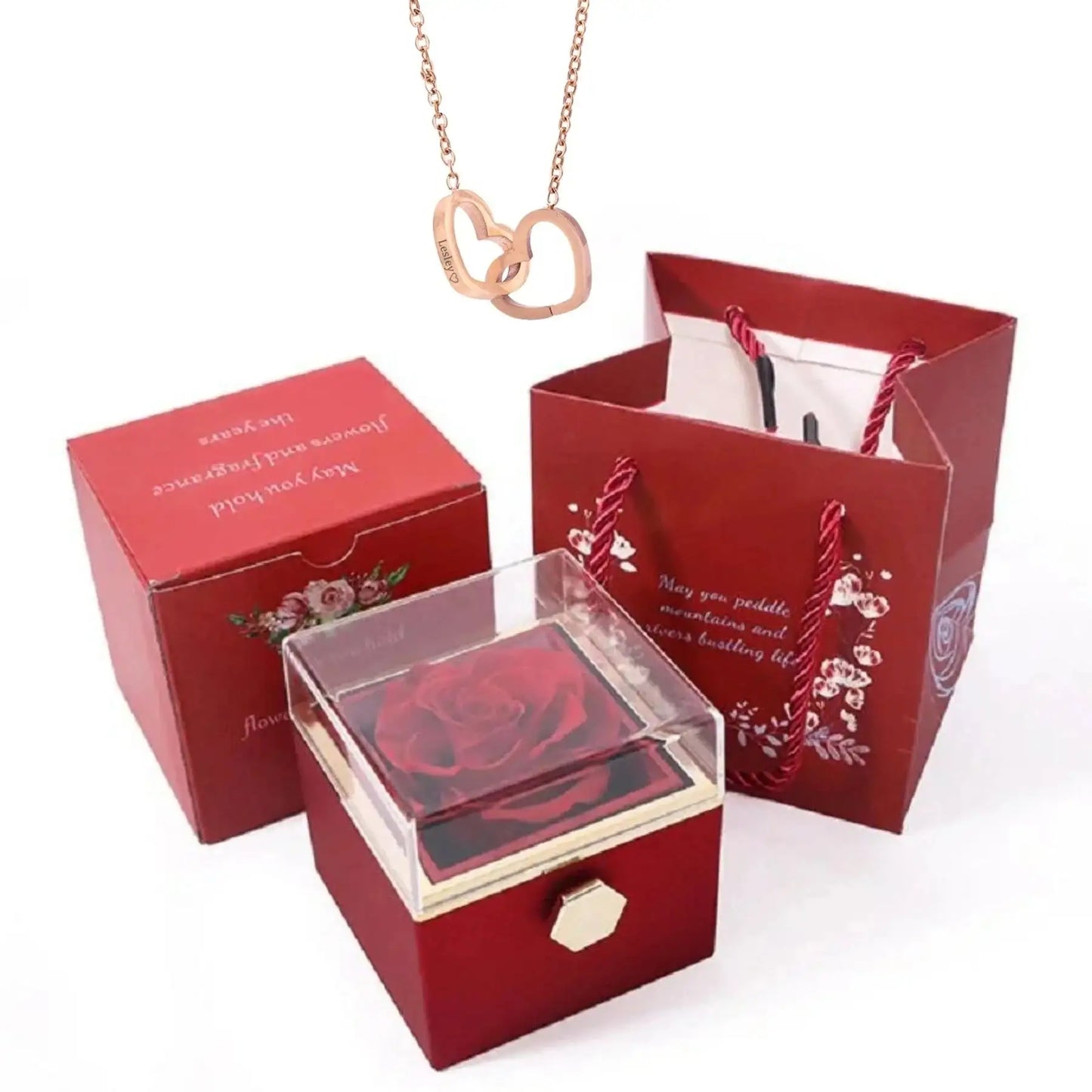 Double Heart Necklace in Rose Flower Box, 9 Models