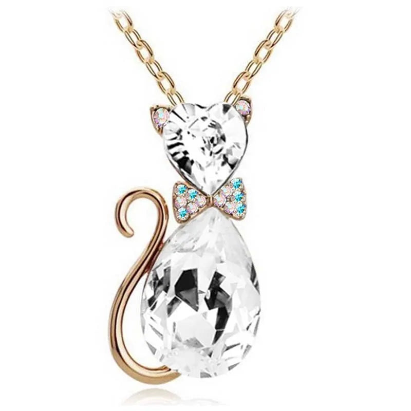 Heart Crystal Cat Pendant Necklace (various colors)