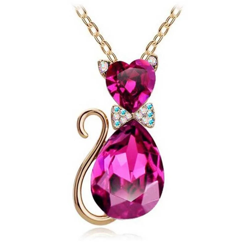 Heart Crystal Cat Pendant Necklace (various colors)