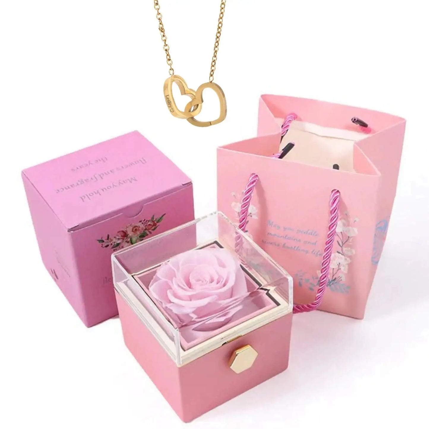 Double Heart Necklace in Rose Flower Box, 9 Models