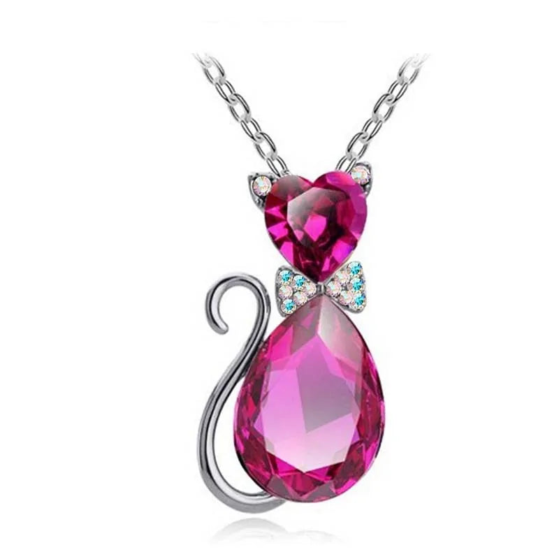 Heart Crystal Cat Pendant Necklace (various colors)